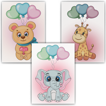 Laden Sie das Bild in den Galerie-Viewer, Tiere mit Luftballons Bilder 3er Set DIN A4 Kinderzimmer Wandbilder Babyzimmer Poster Dekoration Bär Elefant Giraffe