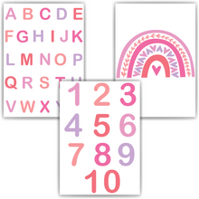 Laden Sie das Bild in den Galerie-Viewer, ABC Zahlen Kinderposter Mädchen 3er Set Lernposter Alphabet | Kinderzimmer Wandbilder Kindergarten Grundschule Kinder Lernhilfe Poster