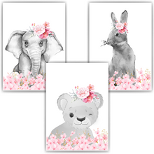 Laden Sie das Bild in den Galerie-Viewer, Süße Blumen Tiere Elefant Tiger Hase Bilder 3er Set DIN A4 Kinderzimmer Wandbilder Babyzimmer Poster Dekoration