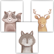 Laden Sie das Bild in den Galerie-Viewer, Waldtiere Waschbär Wolf Reh 3er Set Kinderzimmer Bilder DIN A4 Poster Babyzimmer Wandbilder Dekoration