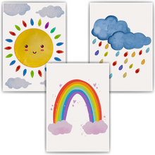 Laden Sie das Bild in den Galerie-Viewer, Bunte Wolken Sonne Regenbogen Bilder 3er Set DIN A4 Kinderzimmer Wandbilder Babyzimmer Poster Dekoration