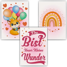 Laden Sie das Bild in den Galerie-Viewer, Du bist unser kleines Wunder Bilder 3er Set DIN A4 Kinderzimmer Wandbilder Babyzimmer Poster Dekoration Fuchs Regenbogen Luftballon