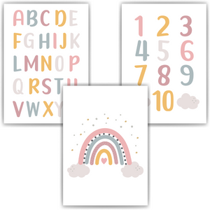 ABC Zahlen Kinderposter 3er Set Lernposter Alphabet | Kinderzimmer Wandbilder Einschulung Kindergarten Grundschule Lernhilfe für Kinder
