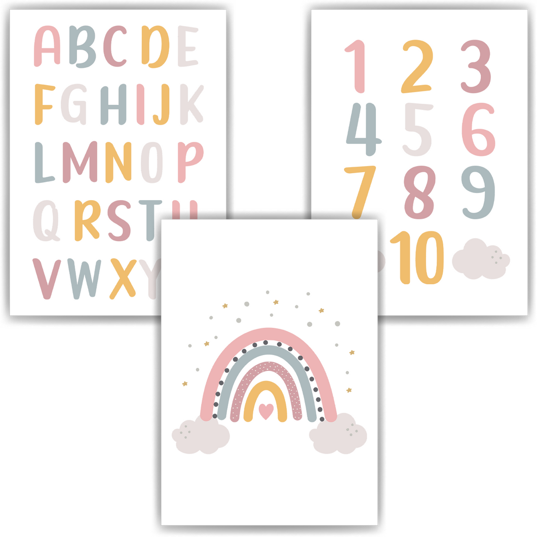 ABC Zahlen Kinderposter 3er Set Lernposter Alphabet | Kinderzimmer Wandbilder Einschulung Kindergarten Grundschule Lernhilfe für Kinder