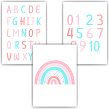 Laden Sie das Bild in den Galerie-Viewer, ABC Kinderposter 3er Set Lernposter Regenbogen Alphabet & Zahlen | Kinderzimmer Wandbilder Einschulung Kindergarten Grundschule Lernhilfe für Kinder