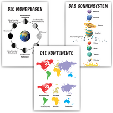 Laden Sie das Bild in den Galerie-Viewer, 3er Set Lernposter Kontinente Sonnensystem Mondphase Kinderposter | Kinderzimmer Wandbilder Einschulung Kindergarten Grundschule Lernhilfe für Kinder