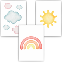 Laden Sie das Bild in den Galerie-Viewer, Farbenfrohe Wolken Regenbogen Sonne 3er Set Kinderzimmer Bilder DIN A4 Wandbilder Deko Babyzimmer Poster