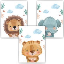 Laden Sie das Bild in den Galerie-Viewer, Safari Tiere 3er Set Bilder Löwe Tiger Elefant Kinderzimmer Deko DIN A4 Poster Babyzimmer Wandbilder