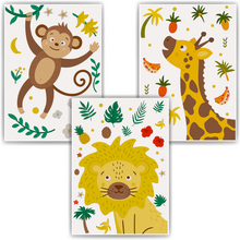 Laden Sie das Bild in den Galerie-Viewer, Dschungel Safari Tiere Bilder 3er Set DIN A4 Kinderzimmer Wandbilder Babyzimmer Poster Dekoration - Affe Löwe Giraffe