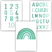 Laden Sie das Bild in den Galerie-Viewer, Alphabet & Zahlen Kinderposter 3er Set Lernposter ABC | Kinderzimmer Wandbilder Einschulung Kindergarten Grundschule Lernhilfe für Kinder