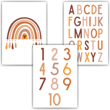 Laden Sie das Bild in den Galerie-Viewer, ABC Zahlen Kinderposter 3er Set Alphabet Lernposter Buchstaben & Zahlen | Kinderzimmer Wandbilder Lernhilfe