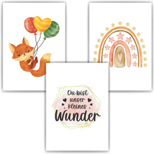 Laden Sie das Bild in den Galerie-Viewer, Du bist unser kleines Wunder Kinderzimmer Bilder 3er Set DIN A4 Wandbilder Babyzimmer Poster Dekoration - Fuchs Ballons Regenbogen