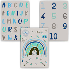 Laden Sie das Bild in den Galerie-Viewer, Alphabet & Zahlen Kinderposter 3er Set ABC Lernposter | Kinderzimmer Wandbilder Kindergarten Grundschule Lernhilfe für Kinder
