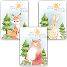 Laden Sie das Bild in den Galerie-Viewer, Waldtiere Fuchs Eichhörnchen Bär Hase Bilder 3er Set DIN A4 Kinderzimmer Wandbilder Babyzimmer Poster Dekoration