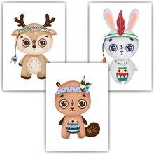 Laden Sie das Bild in den Galerie-Viewer, Indianer Tiere 3er Set Kinderzimmer Bilder DIN A4 Poster Babyzimmer Wandbilder Dekoration - Reh Biber Hase