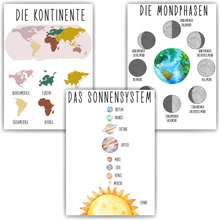 Laden Sie das Bild in den Galerie-Viewer, 3er Set Lernposter Kontinente Sonnensystem Mondphase Kinderposter | Kinderzimmer Wandbilder Kindergarten Grundschule Kinder Lernhilfe Poster