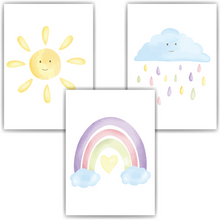 Laden Sie das Bild in den Galerie-Viewer, Pastell Sonne Regenbogen Wolke 3er Set Kinderzimmer Bilder DIN A4 Poster Babyzimmer Wandbilder Dekoration