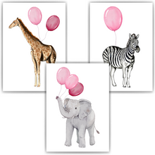 Laden Sie das Bild in den Galerie-Viewer, Niedliche Safari Tiere Luftballon Bilder 3er Set DIN A4 Kinderzimmer Wandbilder Babyzimmer Poster Dekoration - Giraffe Elefant Zebra