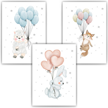 Laden Sie das Bild in den Galerie-Viewer, Luftballon Tiere 3er Set Bilder Schaf Hase Fuchs Kinderzimmer Deko DIN A4 Poster Babyzimmer Wandbilder