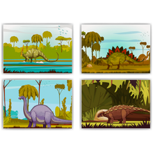Laden Sie das Bild in den Galerie-Viewer, Dinosaurier Bilder 4er Set DIN A4 Dino Kinderzimmer Wandbilder Babyzimmer Poster Dekoration