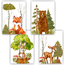 Laden Sie das Bild in den Galerie-Viewer, Niedliche Waldtiere Bilder 4er Set DIN A4 Kinderzimmer Wandbilder Babyzimmer Poster Dekoration - Reh Fuchs Bär Hase