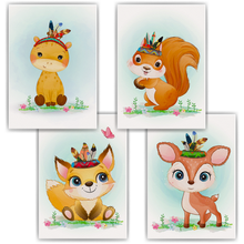 Laden Sie das Bild in den Galerie-Viewer, Süße Waldtiere Safari Tiere Bilder 4er Set DIN A4 Kinderzimmer Wandbilder Babyzimmer Poster Dekoration - Giraffe Eichhörnchen Fuchs Reh