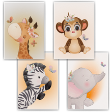 Laden Sie das Bild in den Galerie-Viewer, Giraffe Affe Zebra Elefant Safari Tiere Bilder 4er Set DIN A4 Kinderzimmer Wandbilder Babyzimmer Poster Dekoration