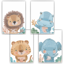 Laden Sie das Bild in den Galerie-Viewer, Löwe Nilpferd Tiger Elefant Safari Tiere 4er Set Kinderzimmer Bilder DIN A4 Wandbilder Deko Babyzimmer Poster
