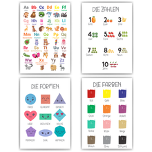 Laden Sie das Bild in den Galerie-Viewer, Kinderposter 4er Set ABC, Zahlen, Formen, Farben Lernposter Kinderzimmer Wandbilder Einschulung Kindergarten Grundschule Alphabet Lernhilfe für Kinder