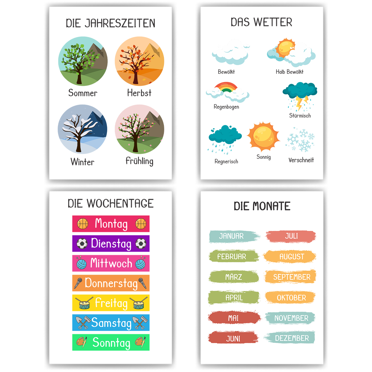 Kinderposter 4er Lernposter Jahreszeiten, Wetter, Wochentage & Monate