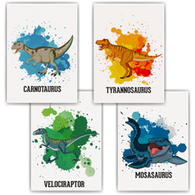 Laden Sie das Bild in den Galerie-Viewer, Dinosaurier Carnotaurus Trex Velociraptor Mosasaurus Bilder 4er Set DIN A4 Kinderzimmer Wandbilder Babyzimmer Poster Dekoration
