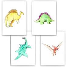 Laden Sie das Bild in den Galerie-Viewer, Dinosaurier Bilder 4er Set DIN A4 Kinderzimmer Poster Dino Babyzimmer Wandbilder Dekoration