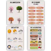 Laden Sie das Bild in den Galerie-Viewer, Kinderposter 4er Lernposter Jahreszeiten, Wetter, Wochentage & Monate Kinderzimmer Wandbilder Kindergarten Grundschule Lernhilfe für Kinder