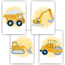 Laden Sie das Bild in den Galerie-Viewer, Baufahrzeuge Baustelle Walze Bagger Bilder 4er Set DIN A4 Kinderzimmer Wandbilder Babyzimmer Poster Dekoration