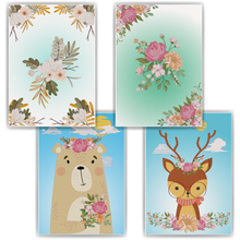 Laden Sie das Bild in den Galerie-Viewer, Waldtiere Blumen Bär Reh Bilder 4er Set DIN A4 Kinderzimmer Wandbilder Babyzimmer Poster Dekoration