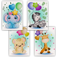 Laden Sie das Bild in den Galerie-Viewer, Zoo Safari Afrika Tiere Luftballon Bilder 4er Set DIN A4 Kinderzimmer Wandbilder Babyzimmer Poster Dekoration