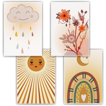 Laden Sie das Bild in den Galerie-Viewer, Boho Wolke Sonne Regenbogen Bilder 4er Set DIN A4 Kinderzimmer Wandbilder Babyzimmer Poster Dekoration