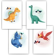 Laden Sie das Bild in den Galerie-Viewer, Dinosaurier Bilder 4er Set DIN A4 Kinderzimmer Wandbilder Babyzimmer Poster Dekoration