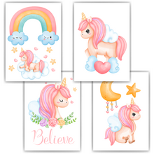 Laden Sie das Bild in den Galerie-Viewer, Einhorn Regenbogen 4er Set Kinderzimmer Bilder DIN A4 Poster Babyzimmer Wandbilder Dekoration