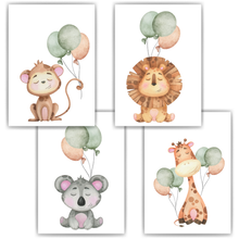 Laden Sie das Bild in den Galerie-Viewer, Tiere Luftballon Bilder 4er Set DIN A4 Kinderzimmer Poster Babyzimmer Wandbilder Dekoration - Affe Löwe Koala Giraffe