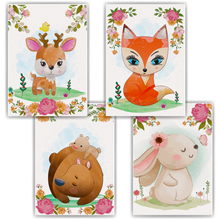 Laden Sie das Bild in den Galerie-Viewer, Niedliche Waldtiere Bilder 4er Set DIN A4 Kinderzimmer Wandbilder Babyzimmer Poster Dekoration - Reh Fuchs Bär Hase