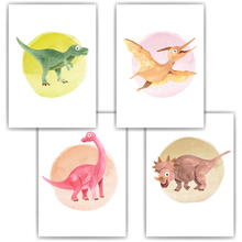Laden Sie das Bild in den Galerie-Viewer, Dinosaurier Bilder 4er Set DIN A4 Kinderzimmer Dino Poster Babyzimmer Wandbilder Dekoration