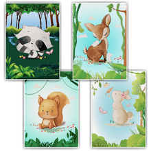 Laden Sie das Bild in den Galerie-Viewer, Waschbär Reh Eichhörnchen Hase Waldtiere Bilder 4er Set DIN A4 Kinderzimmer Wandbilder Babyzimmer Poster Dekoration