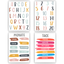 Laden Sie das Bild in den Galerie-Viewer, Kinderposter 4er Set ABC, Zahlen, Monate & Tage Lernposter Alphabet | Kinderzimmer Wandbilder Kindergarten Grundschule Kinder Lernhilfe Poster
