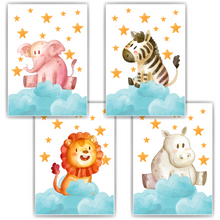 Laden Sie das Bild in den Galerie-Viewer, Elefant Zebra Löwe Nilpferd Sterne Wolken 4er Set Kinderzimmer Bilder DIN A4 Poster Babyzimmer Wandbilder Dekoration