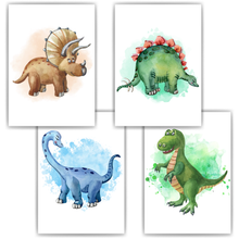 Laden Sie das Bild in den Galerie-Viewer, Dinosaurier 4er Set Bilder Kinderzimmer Dino Deko DIN A4 Poster Babyzimmer Wandbilder