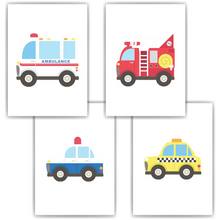 Laden Sie das Bild in den Galerie-Viewer, Krankenwagen Feuerwehr Polizei Taxi Autos 4er Set Kinderzimmer Bilder DIN A4 Poster Babyzimmer Wandbilder Dekoration