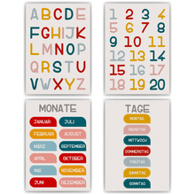Laden Sie das Bild in den Galerie-Viewer, Kinderposter 4er Set ABC, Zahlen, Monate & Tage Lernposter Alphabet | Kinderzimmer Wandbilder Kindergarten Grundschule Lernhilfe für Kinder