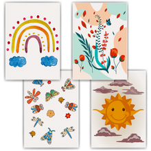 Laden Sie das Bild in den Galerie-Viewer, Regenbogen Sonne Schmetterlinge Bilder 4er Set DIN A4 Kinderzimmer Wandbilder Babyzimmer Poster Dekoration