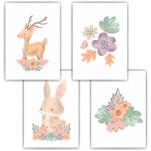 Laden Sie das Bild in den Galerie-Viewer, Waldtiere Reh Hase Blumen 4er Set Kinderzimmer Bilder DIN A4 Wandbilder Deko Babyzimmer Poster